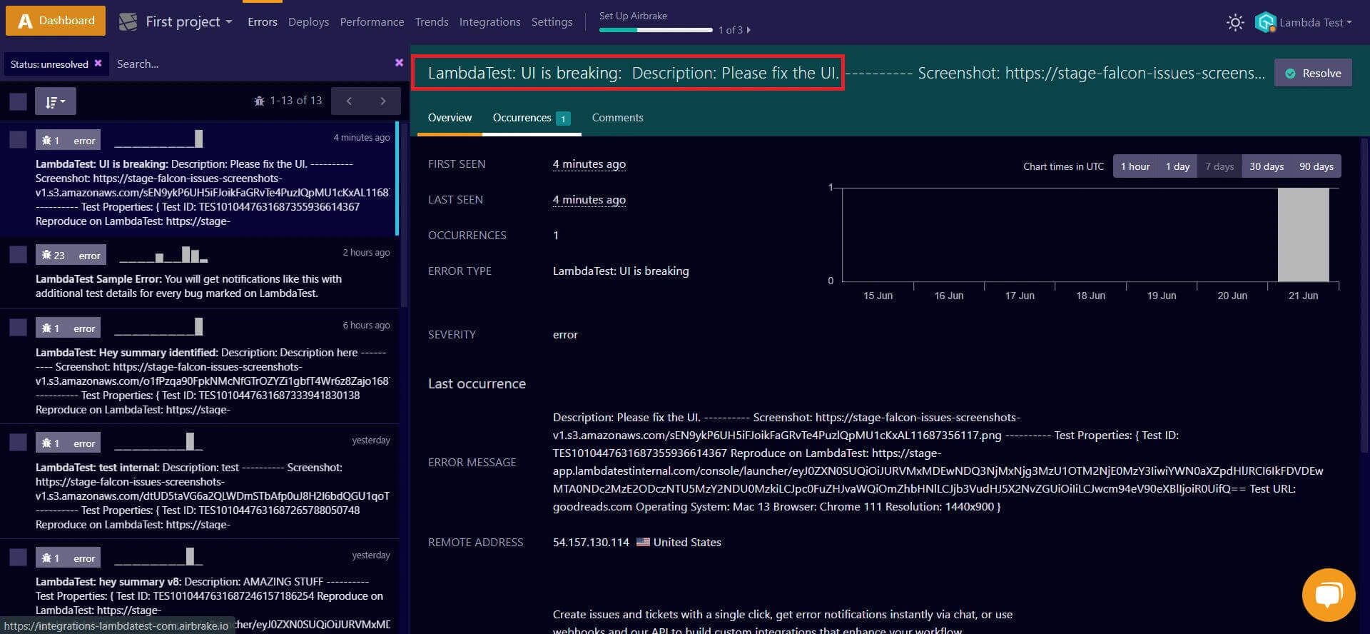 LambdaTest Airbrake integration LambdaTest Airbrake integration