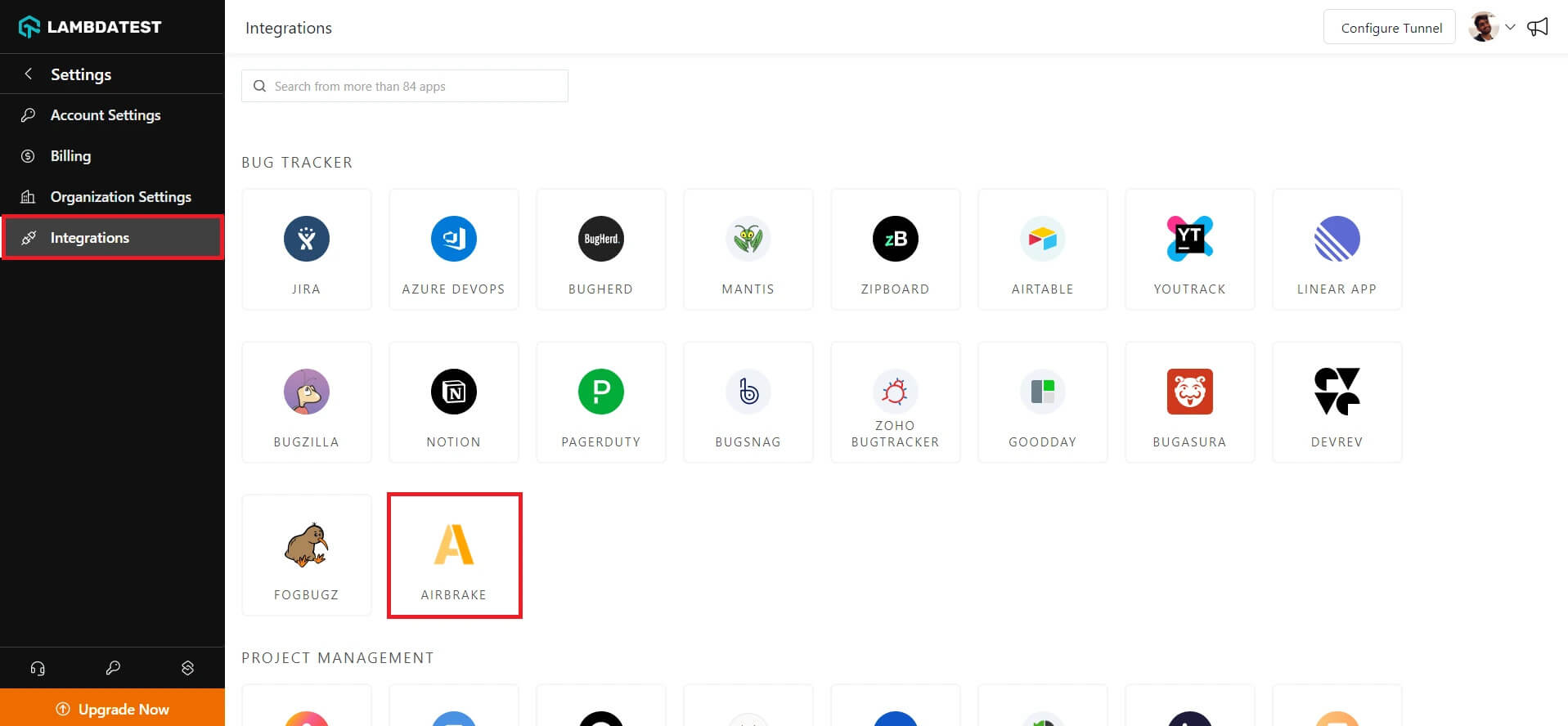 LambdaTest Airbrake integration