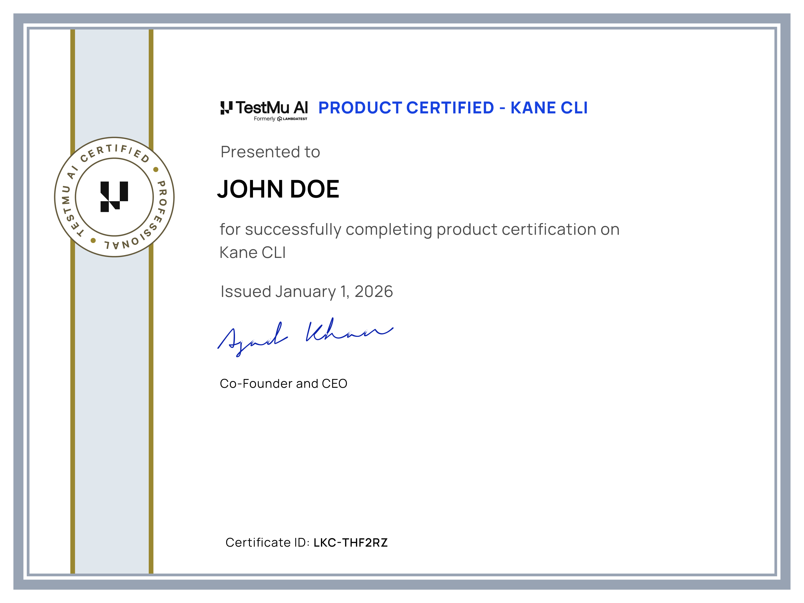 Kane CLI Certification by TestMu AI (formerly LambdaTest)