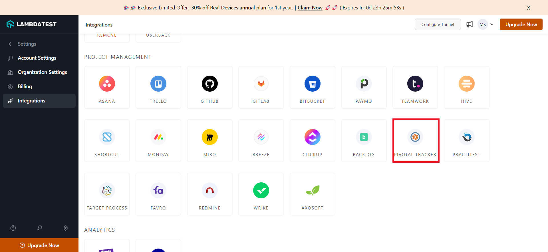 LambdaTest Pivotal-Tracker integration