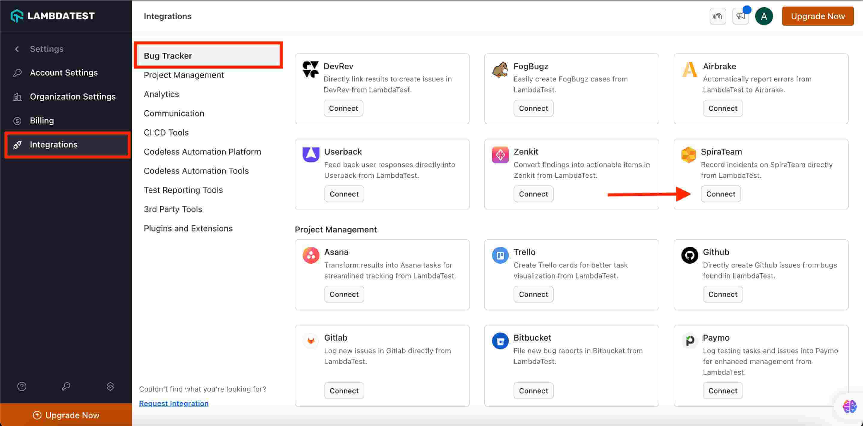 LambdaTest SpiraTeam integration