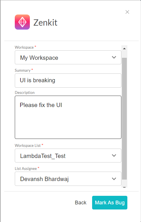 LambdaTest Zenkit integration LambdaTest Zenkit integration