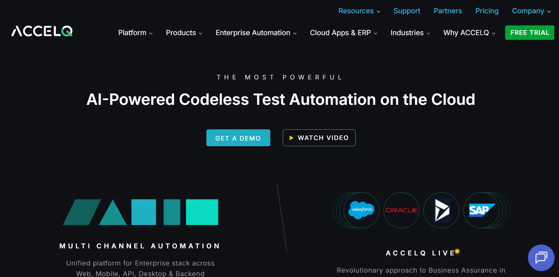 ACCELQ platform screenshot showing codeless AI test automation