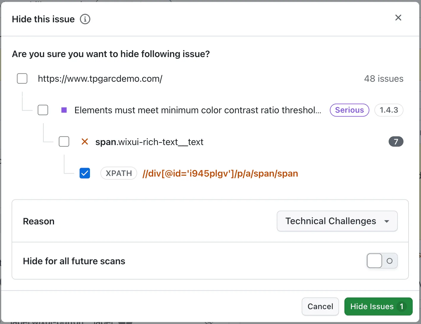 Hide and restore web accessibility scan issues