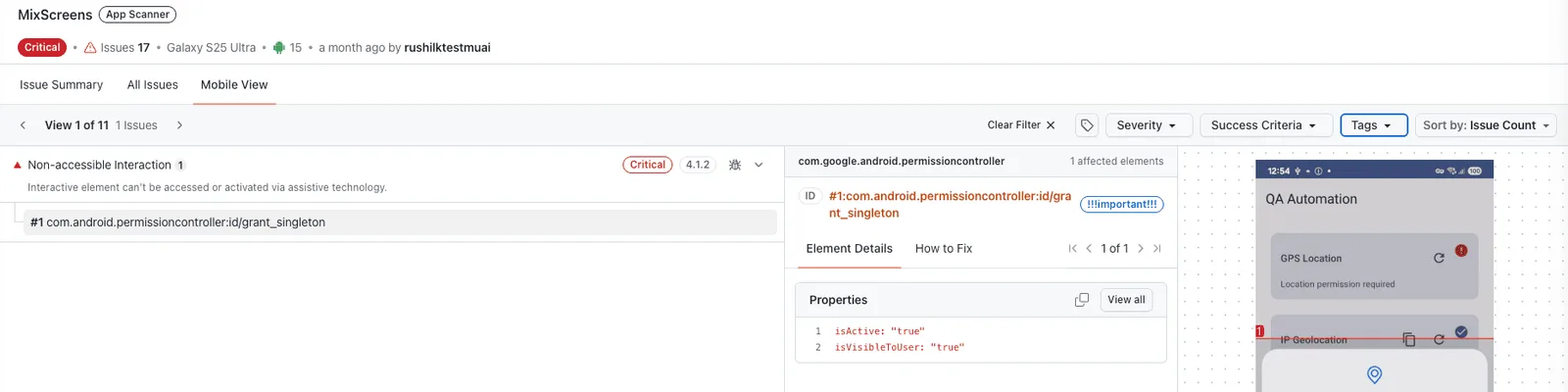 Tag support for mobile accessibility scans