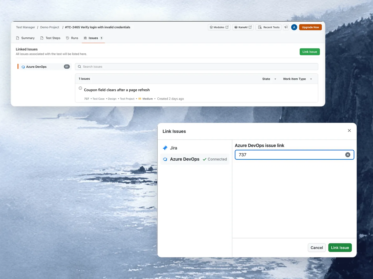 Sync ADO Defects With Test Cases, Runs, and Steps Linked Issues in Test Manager showing an Azure DevOps work item, and the Link Issues dialog with Azure DevOps connected