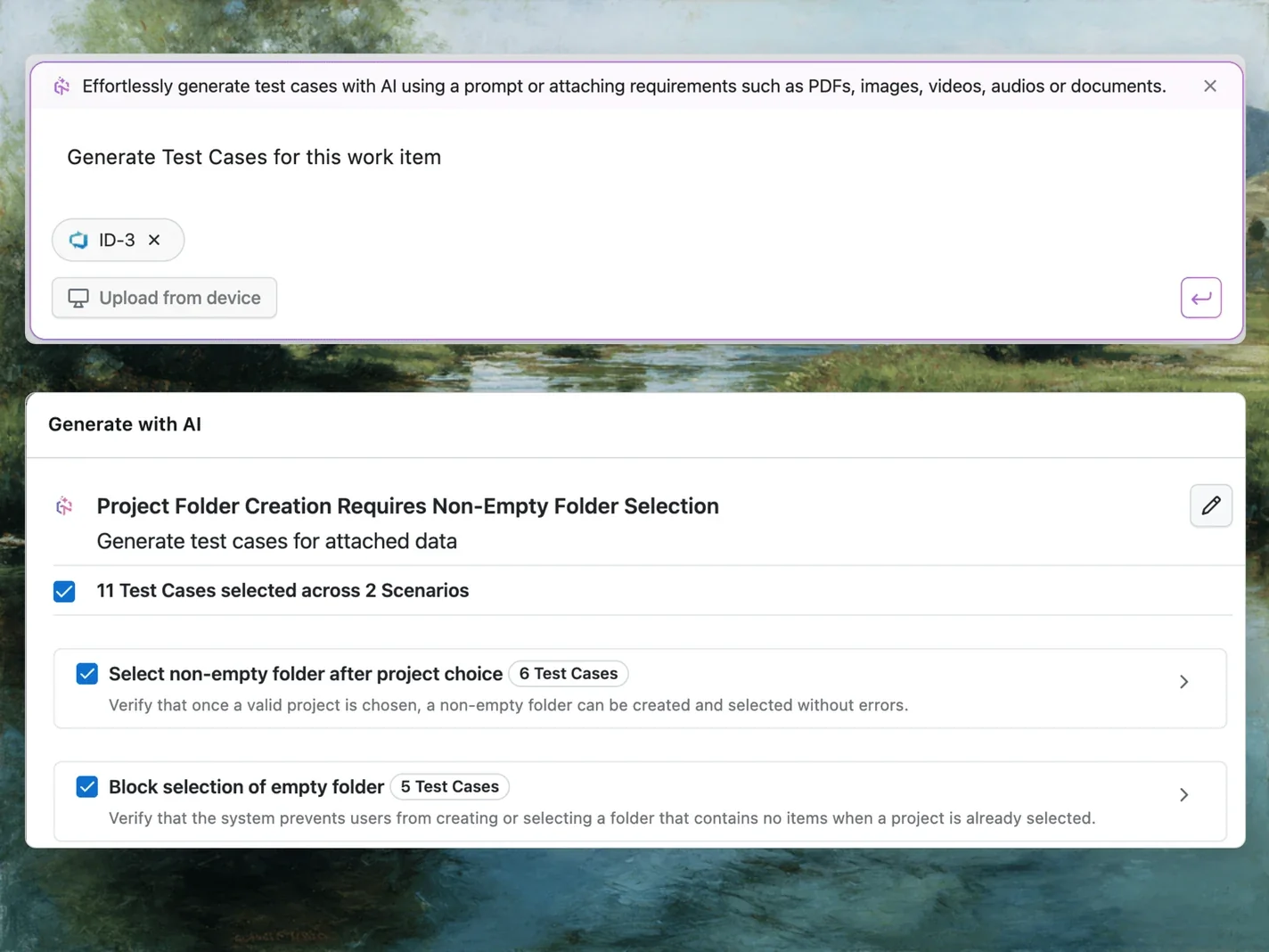 Generate Test Cases With AI From an ADO Work Item Generate with AI in an Azure DevOps work item, with 11 test cases across 2 scenarios ready to save to a project and folder