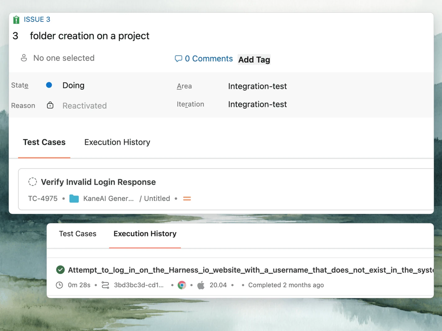 Track Every Run of a Work Item's Test Cases in ADO Test Cases and Execution History tabs in the TestMu AI tab of an Azure DevOps work item, showing a linked case and an automated run