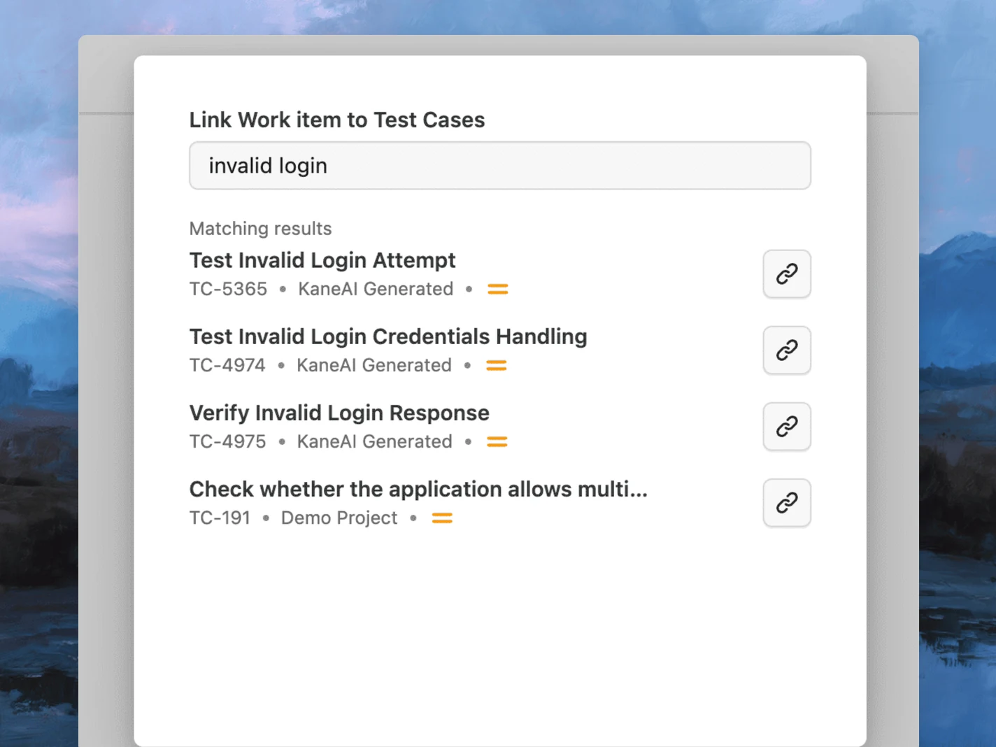 Link Existing Test Cases to an Azure DevOps Work Item Link Work item to Test Cases search in the TestMu AI tab of an Azure DevOps work item, showing matching test cases