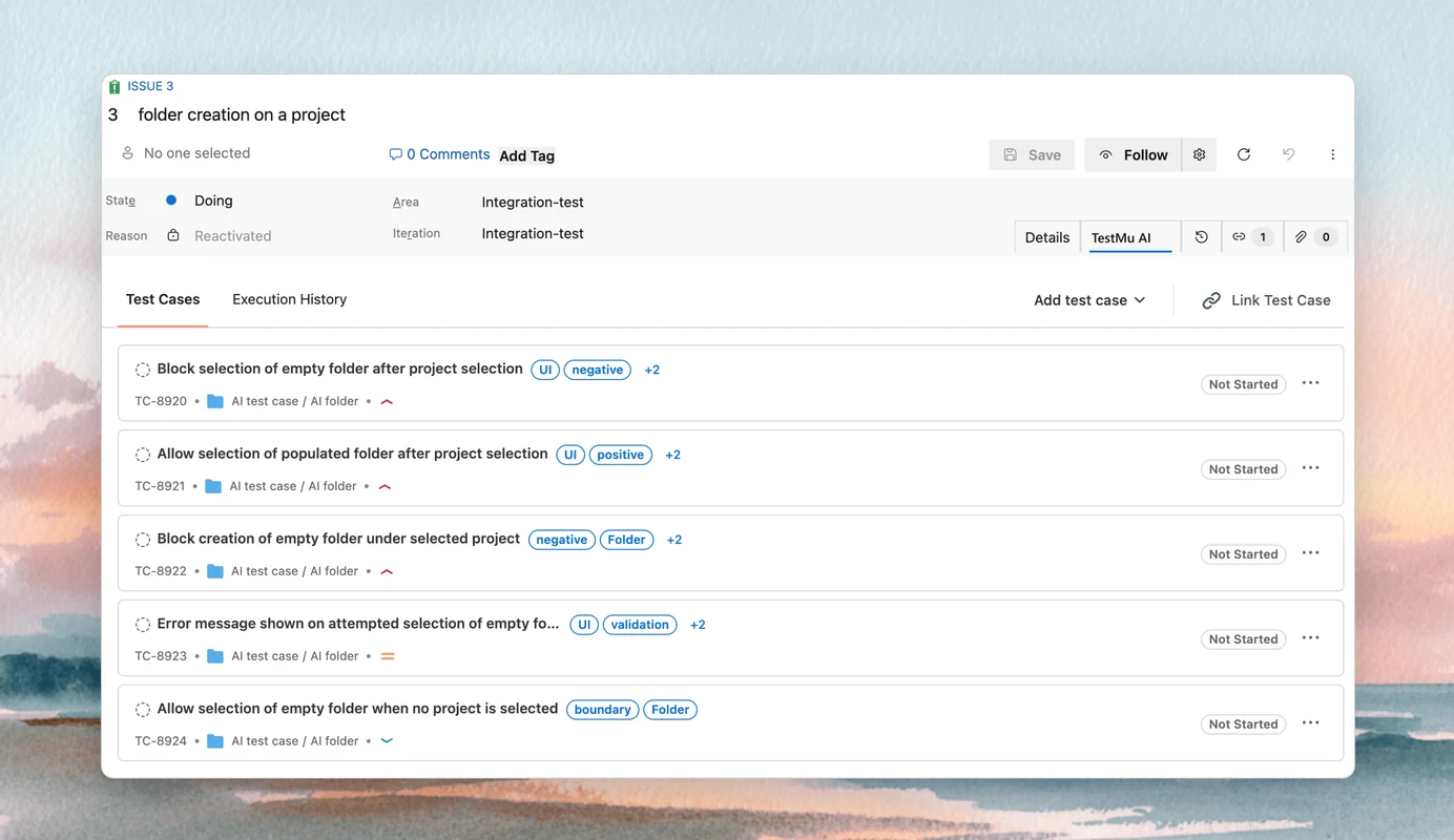 Test Manager Inside Azure DevOps TestMu AI tab in an Azure DevOps work item listing AI-generated test cases with tags and status