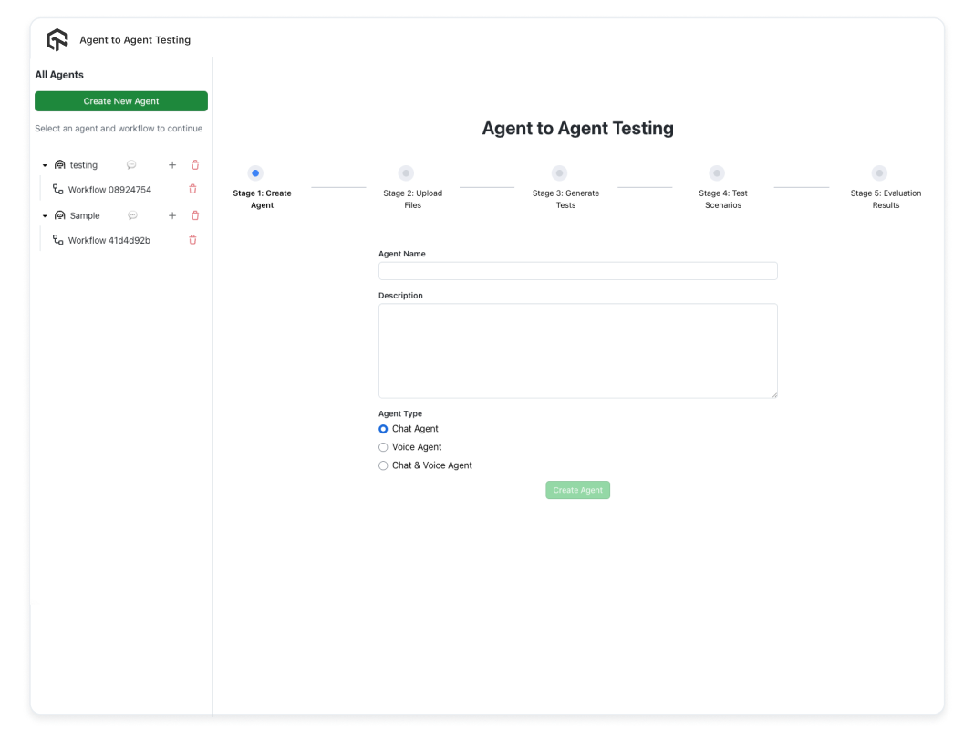 TestMu AI Agent to Agent Testing: conversation-level evaluation results TestMu AI Agent to Agent Testing showing chat, voice, and phone caller agent types and an evaluation results panel that scores each conversation on relevancy, completeness, and professionalism with pass or fail status