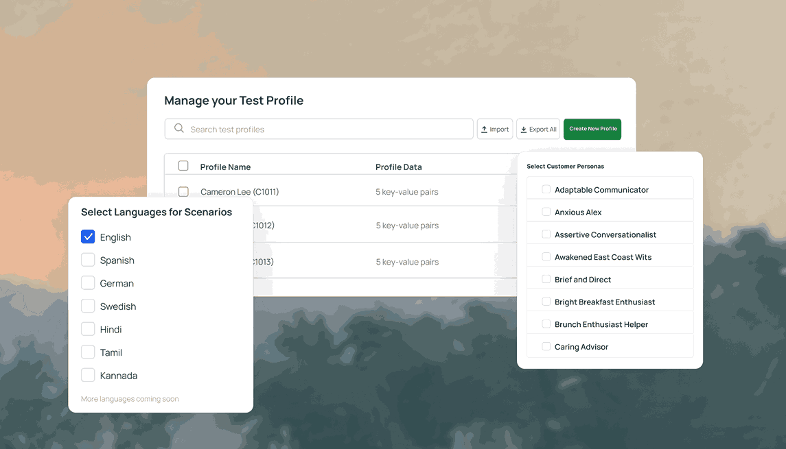 Sample view: test profiles, scenario languages, and customer personas in TestMu AI Agent Testing Sample view of TestMu AI Agent Testing with a test profile list, a scenario language picker, and a customer persona selector