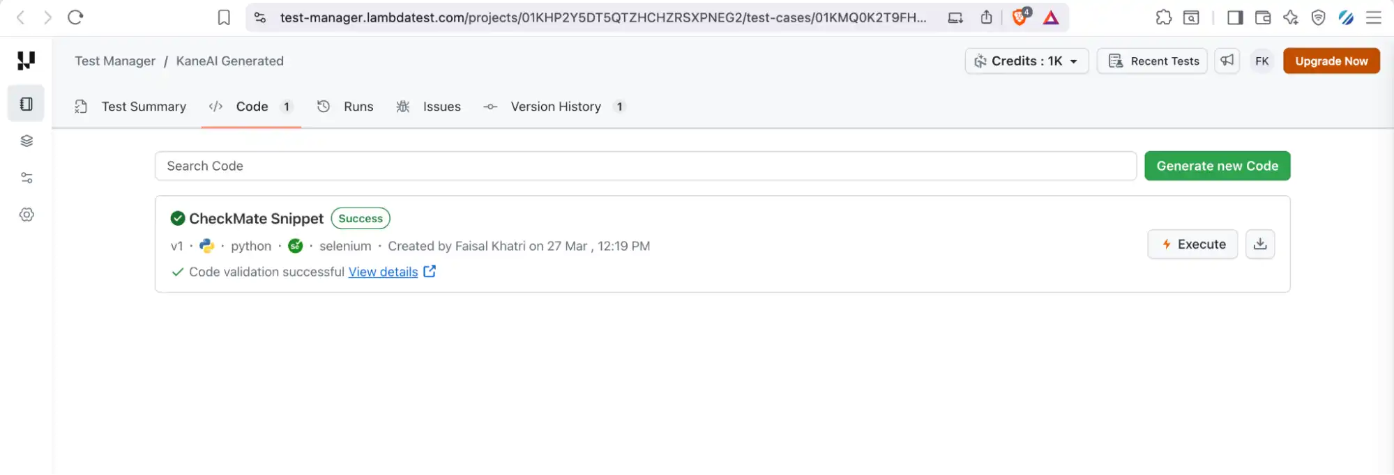 KaneAI Code tab showing generated test code KaneAI Code tab showing generated test code