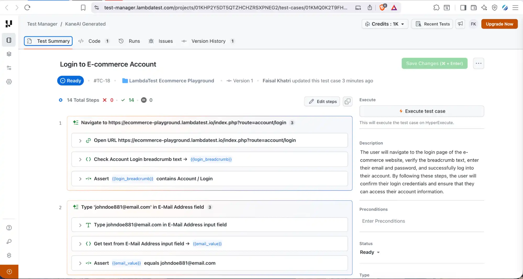KaneAI test summary in Test Manager KaneAI test summary in Test Manager