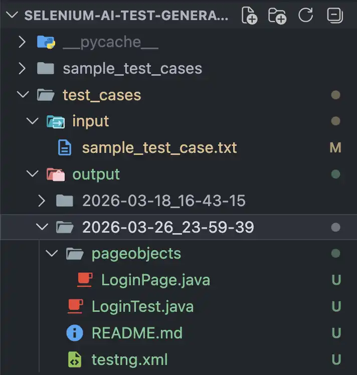 Generated output folder with timestamped test scripts Generated output folder with timestamped test scripts