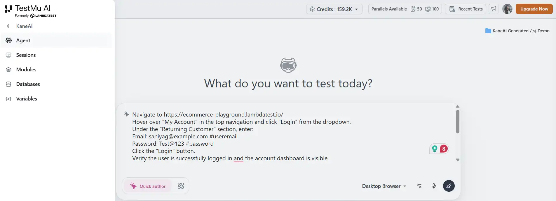 KaneAI natural language test input