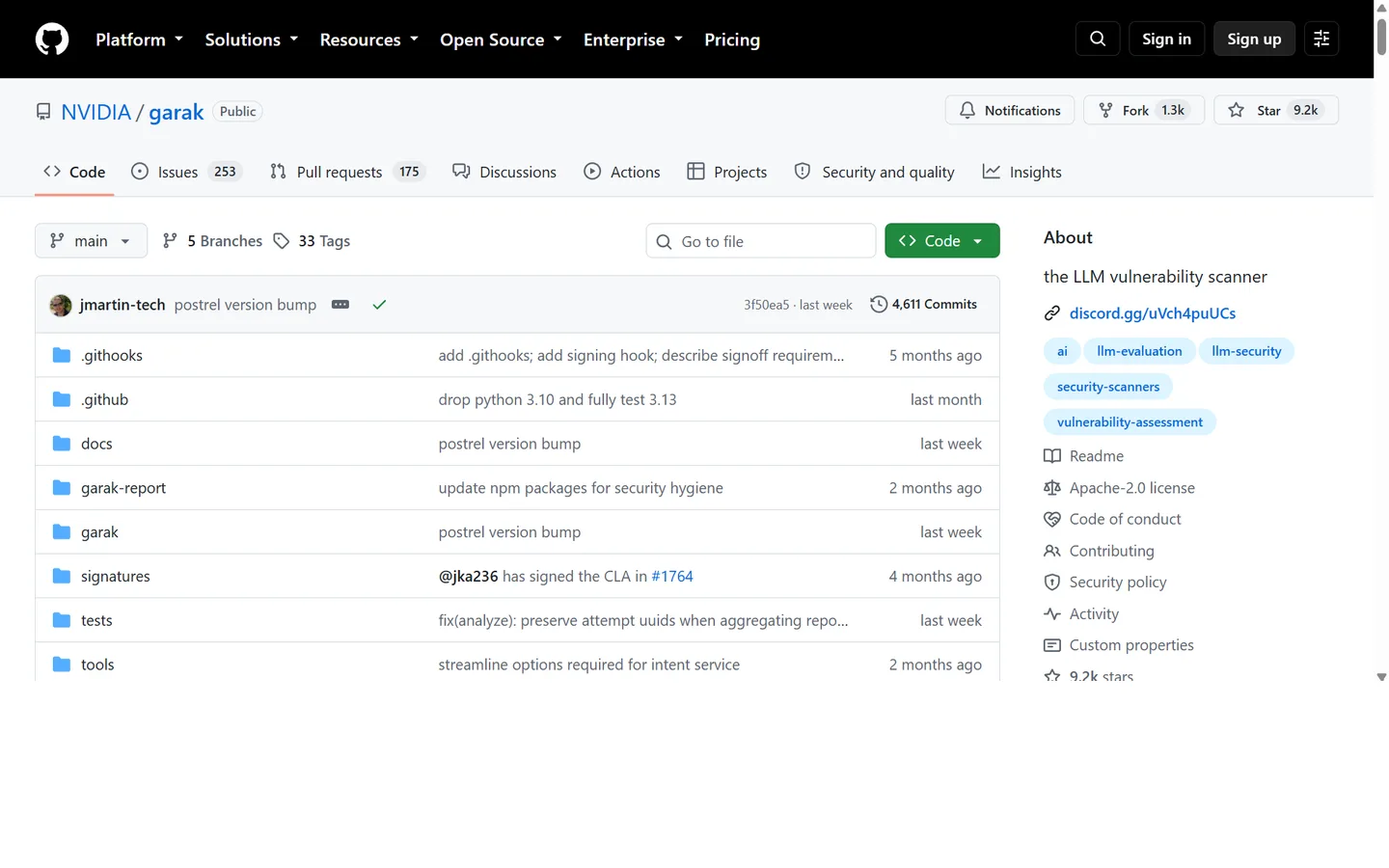 NVIDIA garak GitHub repository, captured 15 September 2026 NVIDIA garak GitHub repository page showing the open-source LLM vulnerability scanner source tree and activity