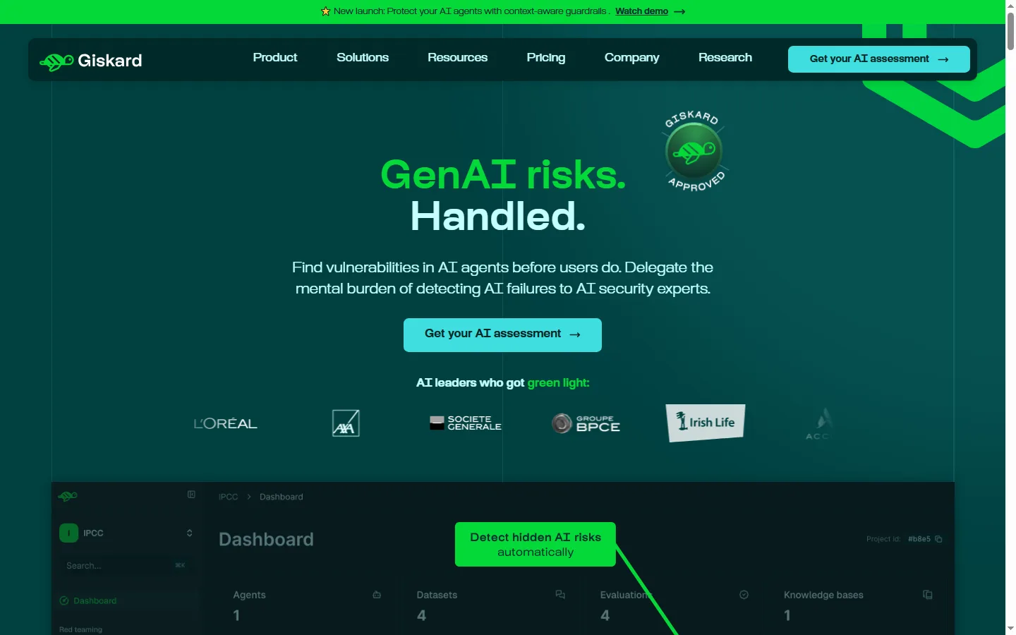 Giskard public website, captured 15 September 2026 Giskard website homepage showing its GenAI risk detection product and an AI assessment dashboard preview