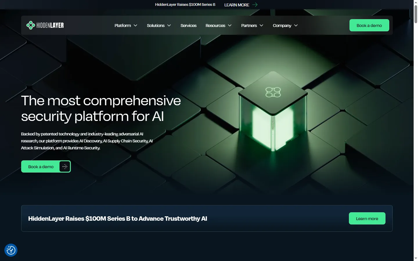 HiddenLayer public website, captured 15 September 2026 HiddenLayer website homepage describing AI Discovery, AI Supply Chain Security, AI Attack Simulation, and AI Runtime Security