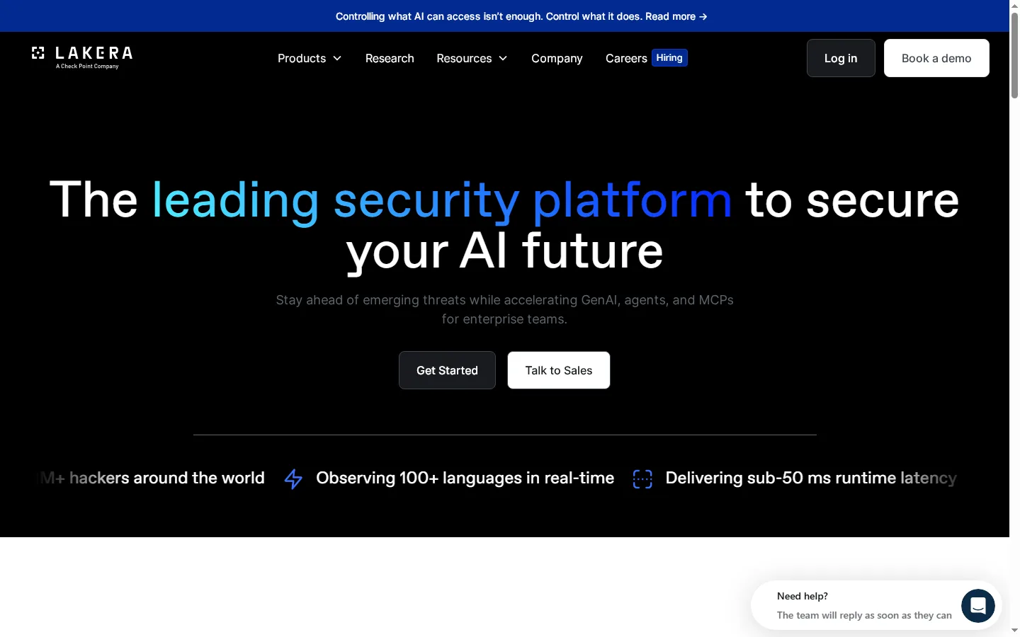 Lakera public website, captured 15 September 2026 Lakera website homepage describing its security platform for GenAI, agents, and MCPs with real-time monitoring claims