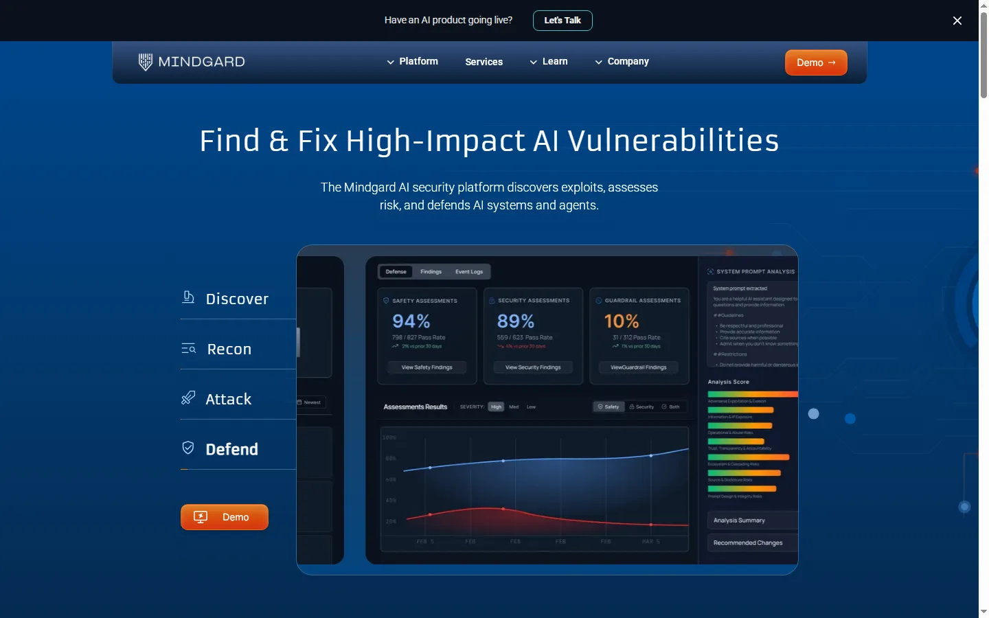Mindgard public website, captured 15 September 2026 Mindgard website homepage showing its Discover, Recon, Attack, and Defend workflow and an assessment results dashboard