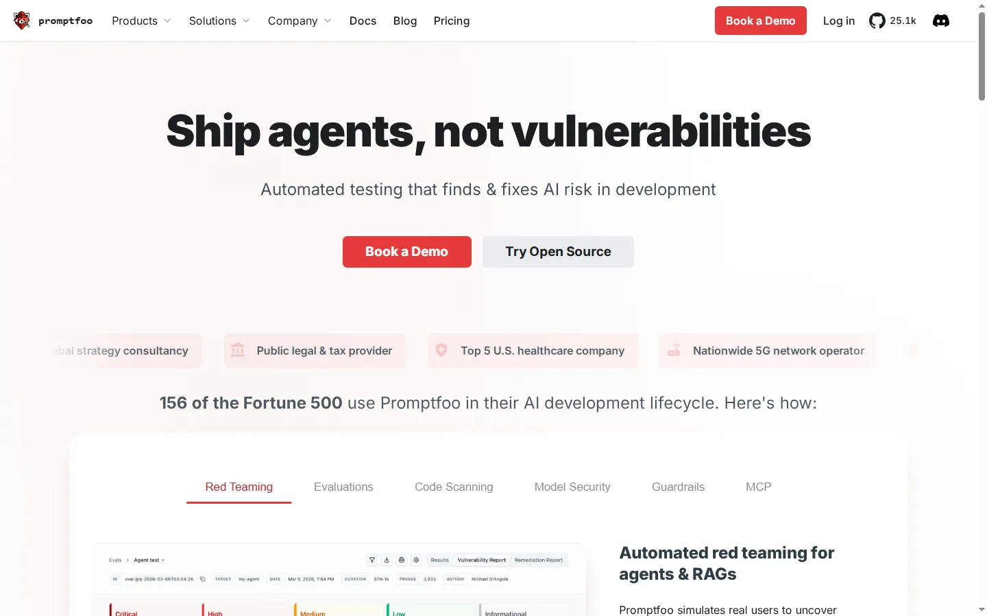 Promptfoo public website, captured 15 September 2026 Promptfoo website homepage showing its red teaming, evaluations, code scanning, and model security product tabs