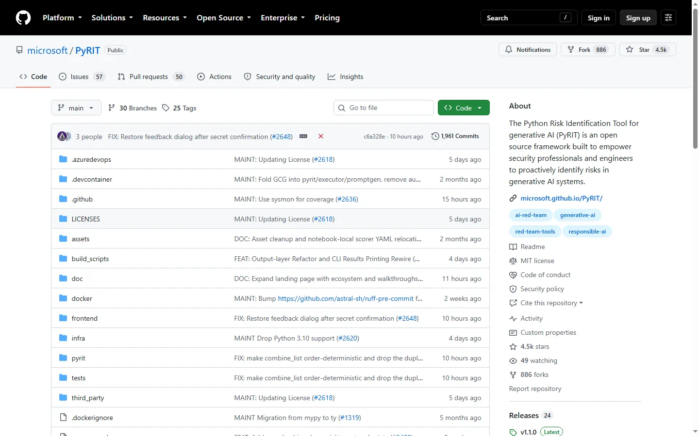 microsoft/PyRIT GitHub repository, captured 15 September 2026 Microsoft PyRIT GitHub repository page showing the Python Risk Identification Toolkit for generative AI