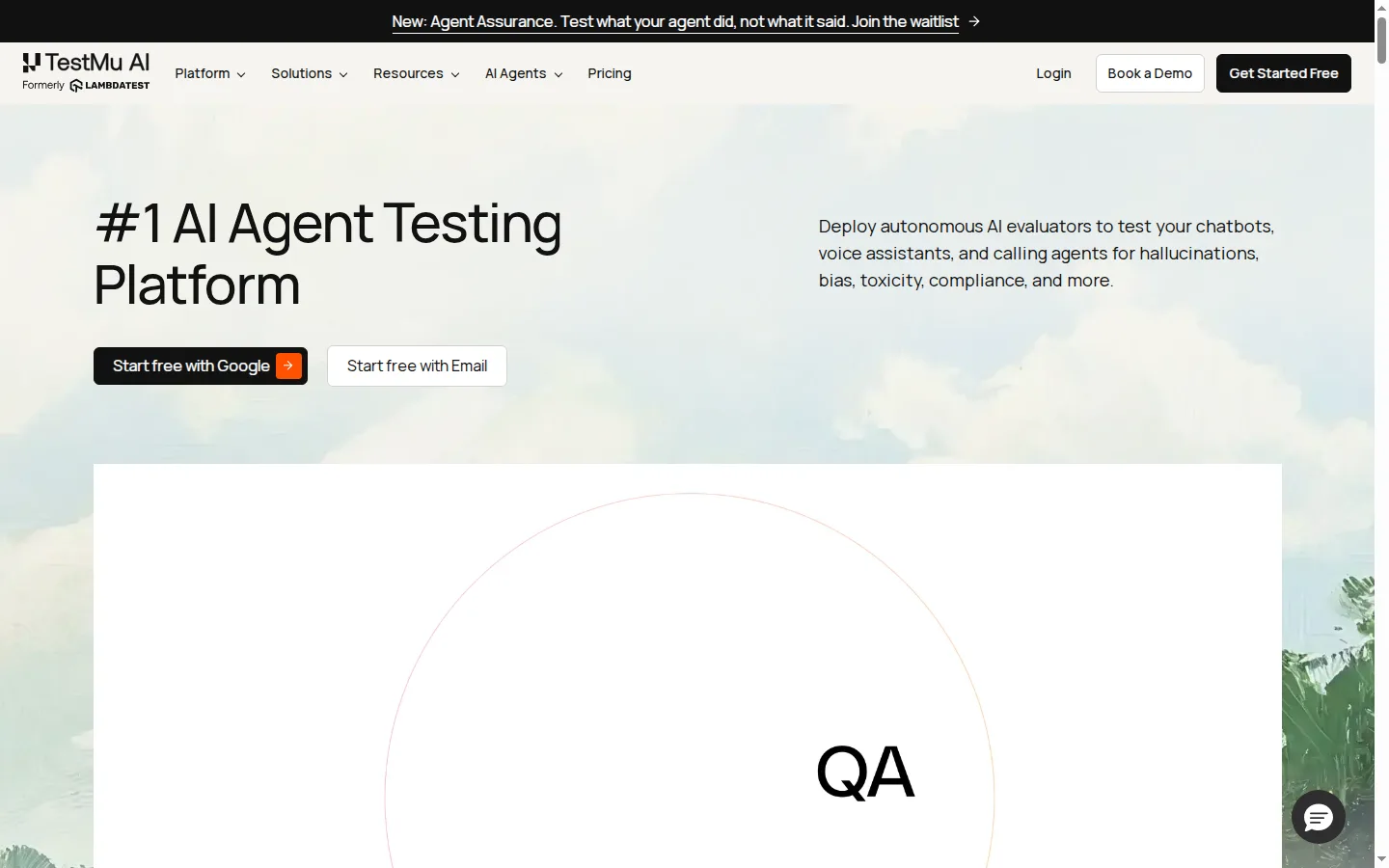 TestMu AI Agent Testing platform page, captured 15 September 2026 TestMu AI Agent Testing product page showing the AI agent testing platform for chatbots, voice assistants, and calling agents