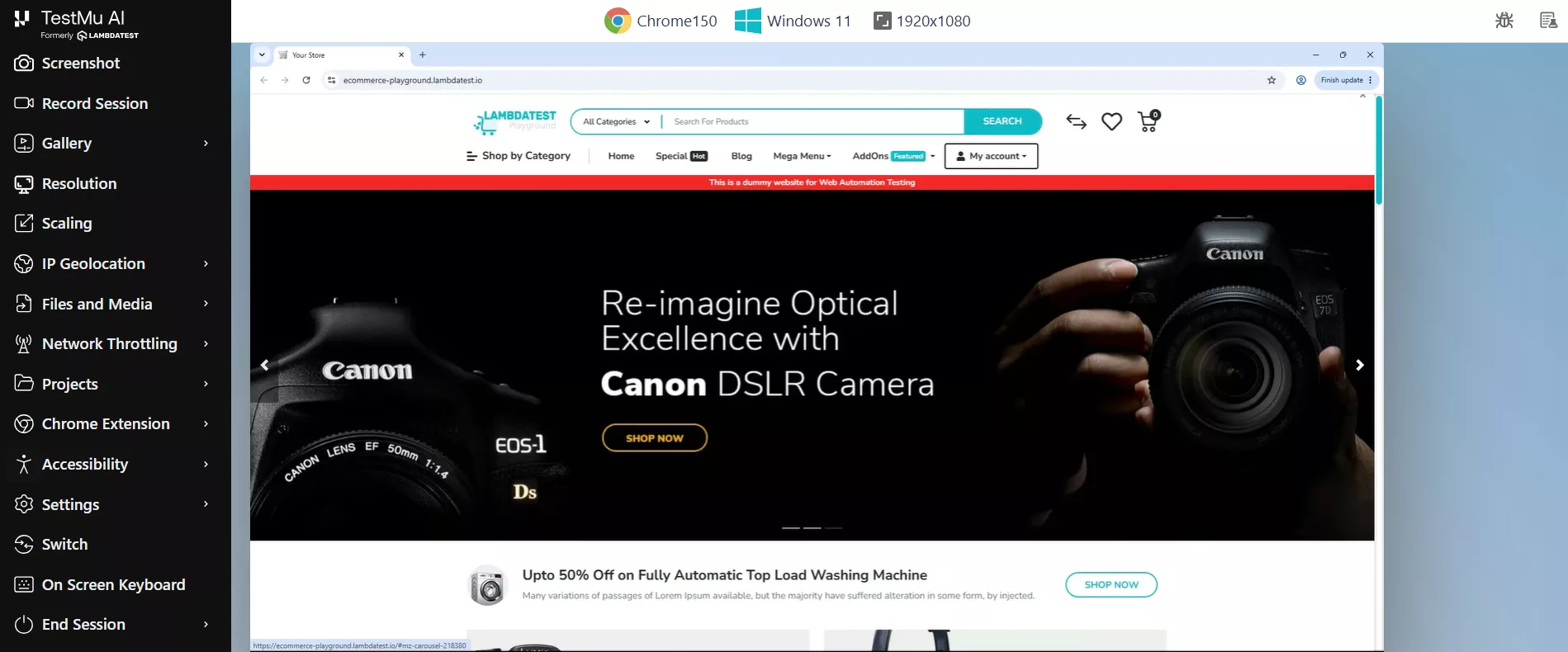 TestMu AI real-time cross-browser testing session running Chrome on Windows 11 with the live session toolbar