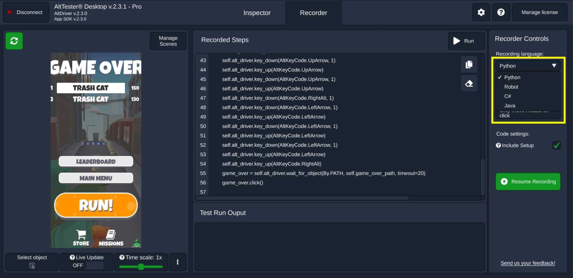 Exporting code of the recorded steps Exporting code of the recorded steps