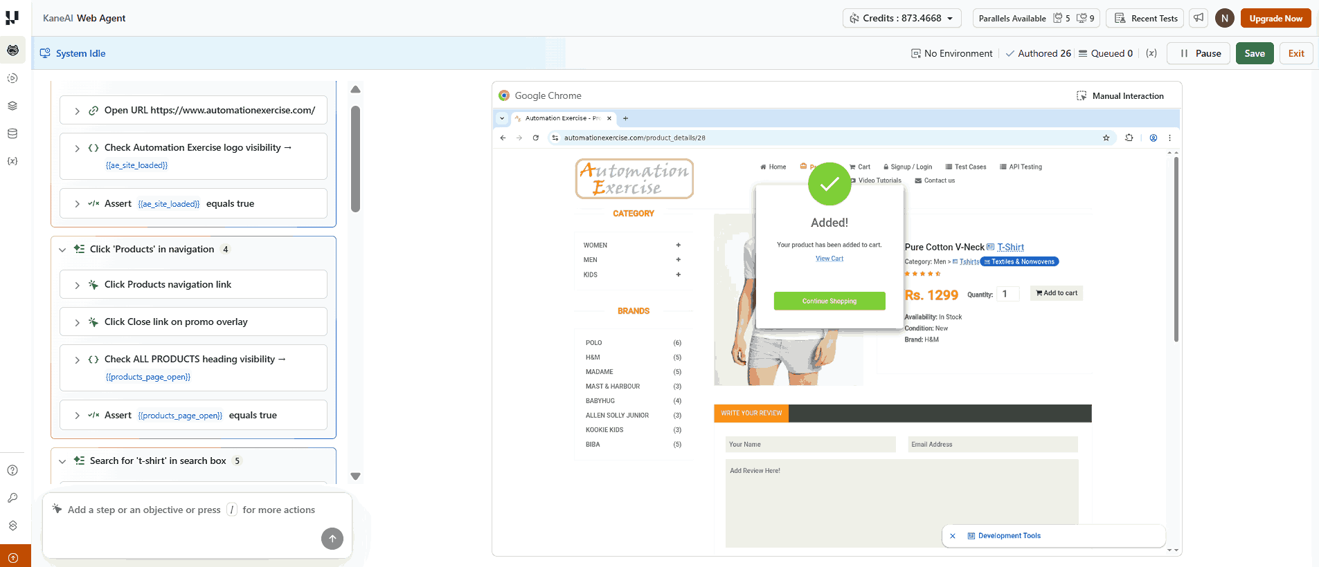 KaneAI intelligent test authoring - NLP steps executing a real product search and cart flow KaneAI Web Agent showing natural language test steps running on automationexercise.com with a successful Add to Cart modal in the browser
