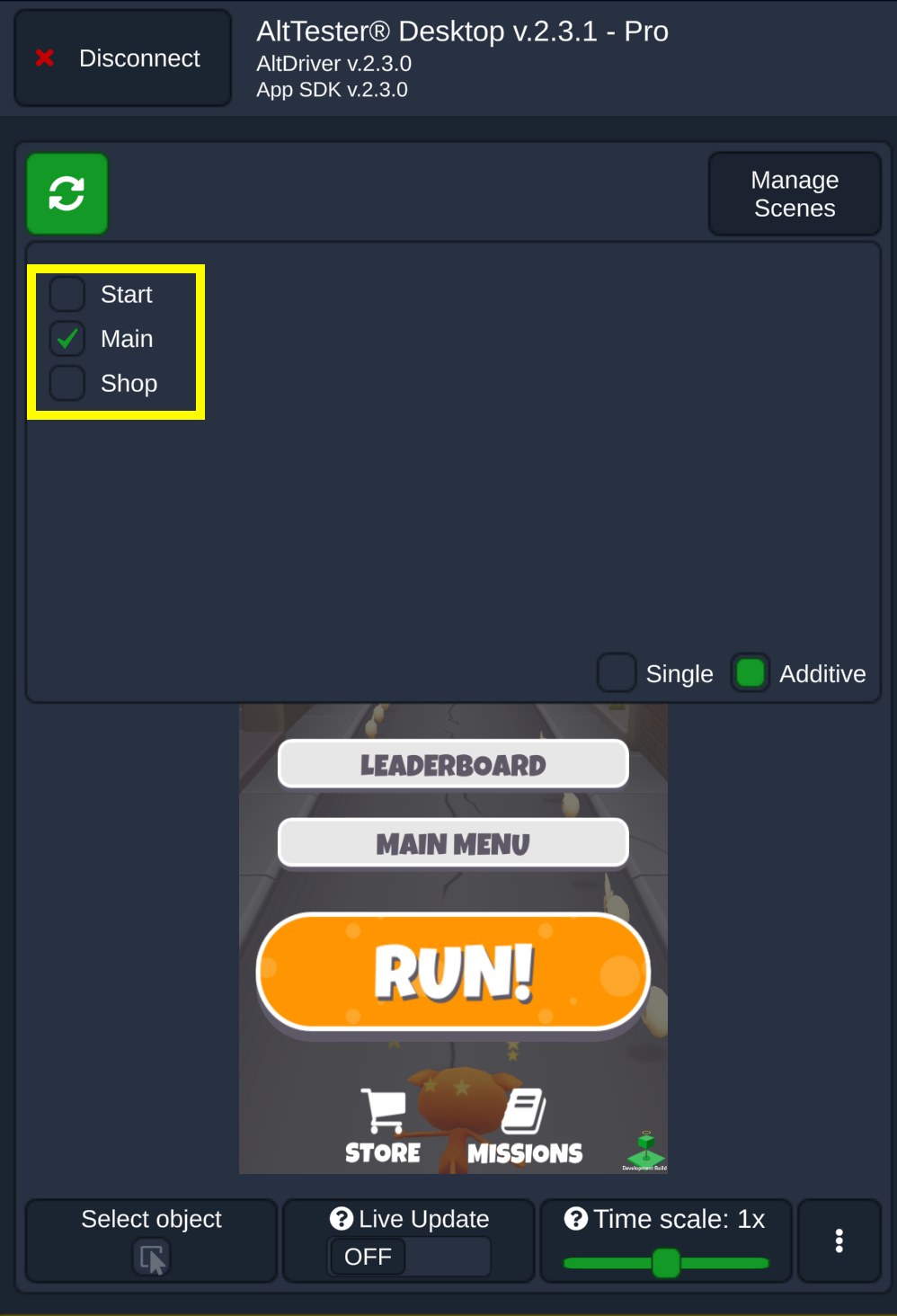 Loading scenes in AltTester Desktop Loading scenes in AltTester Desktop