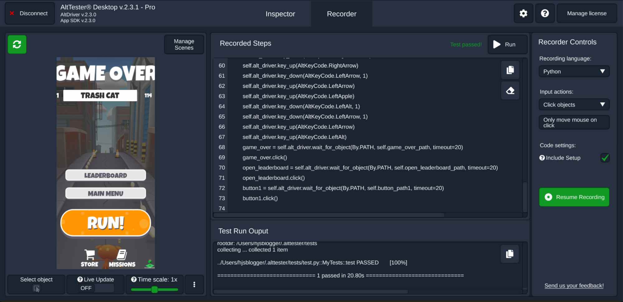 Running recorded steps in AltTester Desktop Running recorded steps in AltTester Desktop