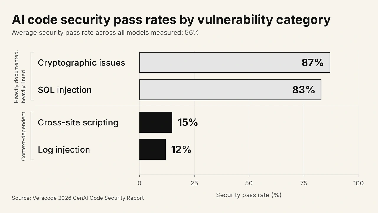 Veracode 2026 security pass rates by vulnerability category Horizontal bar chart of per-category security pass rates for AI-generated code from Veracode's 2026 GenAI Code Security Report. Cryptographic issues pass 87% of tasks and SQL injection passes 83%, both grouped as heavily documented and heavily linted vulnerability classes. Cross-site scripting passes 15% and log injection passes 12%, both grouped as context-dependent classes that depend on where the string ends up rather than on the line being written. The average security pass rate across all models measured is 56%.