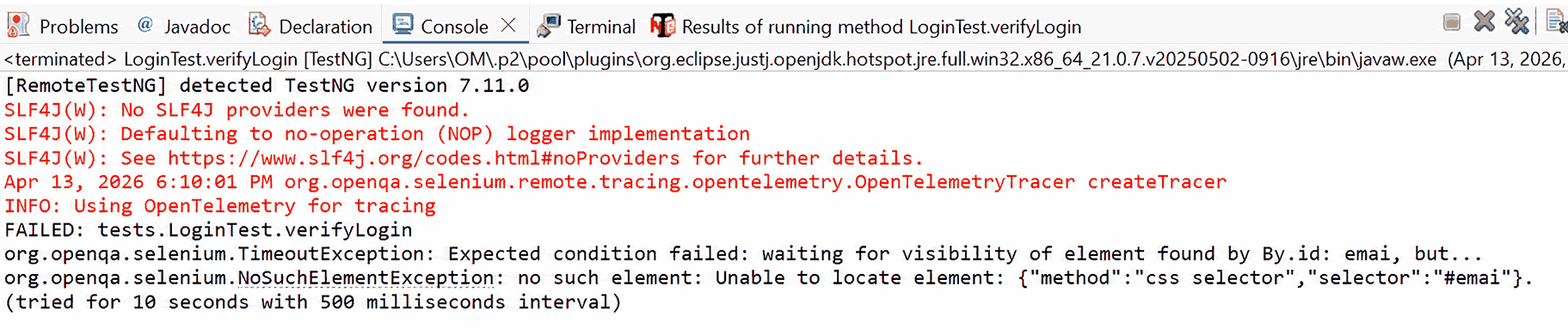 ChatGPT Selenium Login Test Error Stacktrace Selenium login test failure showing NoSuchElementException in Eclipse IDE console
