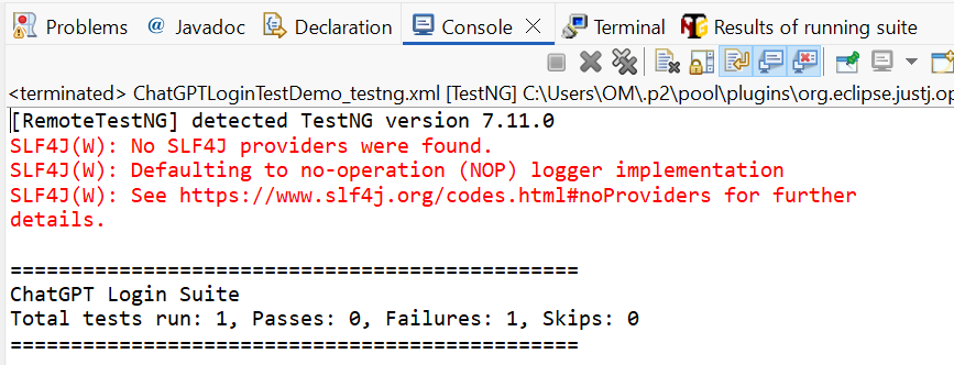 ChatGPT Selenium Login Test Execution Output TestNG execution output for ChatGPT-generated Selenium login test in Eclipse IDE