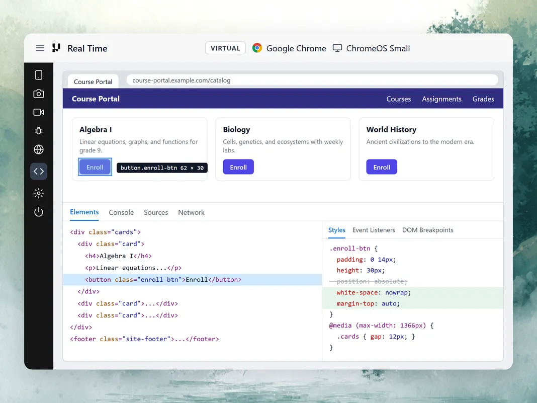 Chrome DevTools open in a ChromeOS emulator session, editing the styles of a selected button