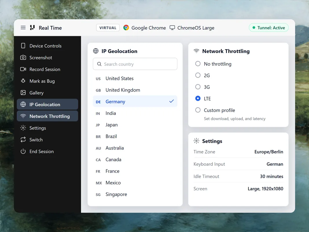 ChromeOS emulator session with IP geolocation set to Germany, LTE network throttling, and a German time zone and keyboard