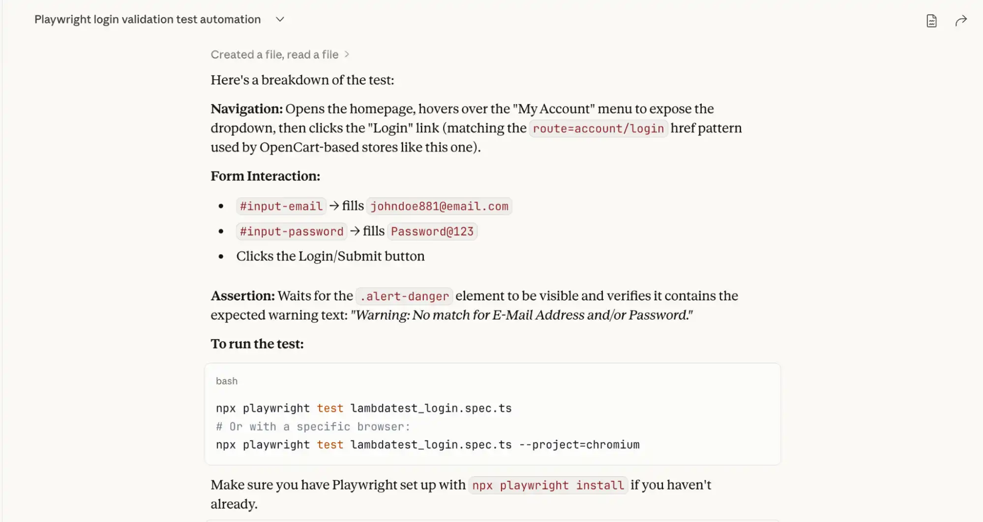 Claude Generated Playwright Code