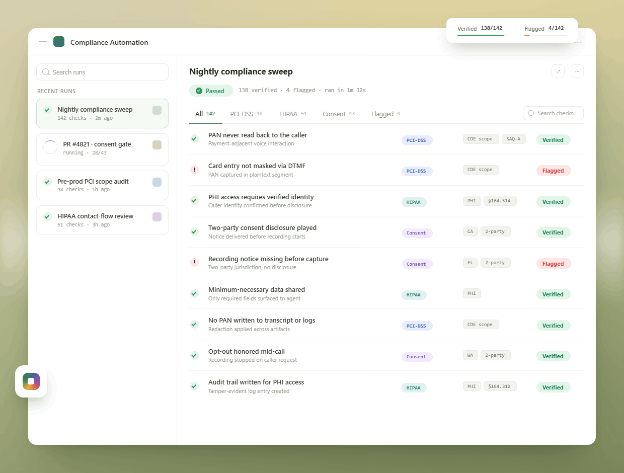 Validate PCI-DSS, HIPAA, and Recording Consent