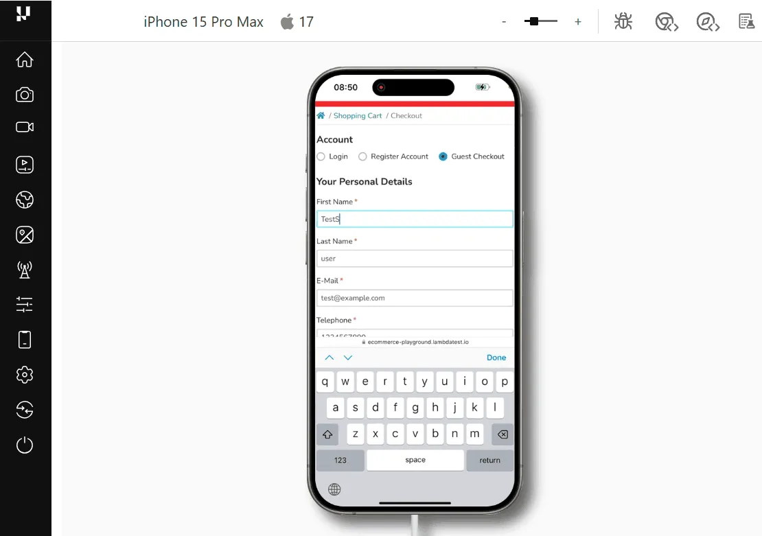 Checkout step of a demo store rendered on Safari on a real iPhone in the TestMu AI real device cloud