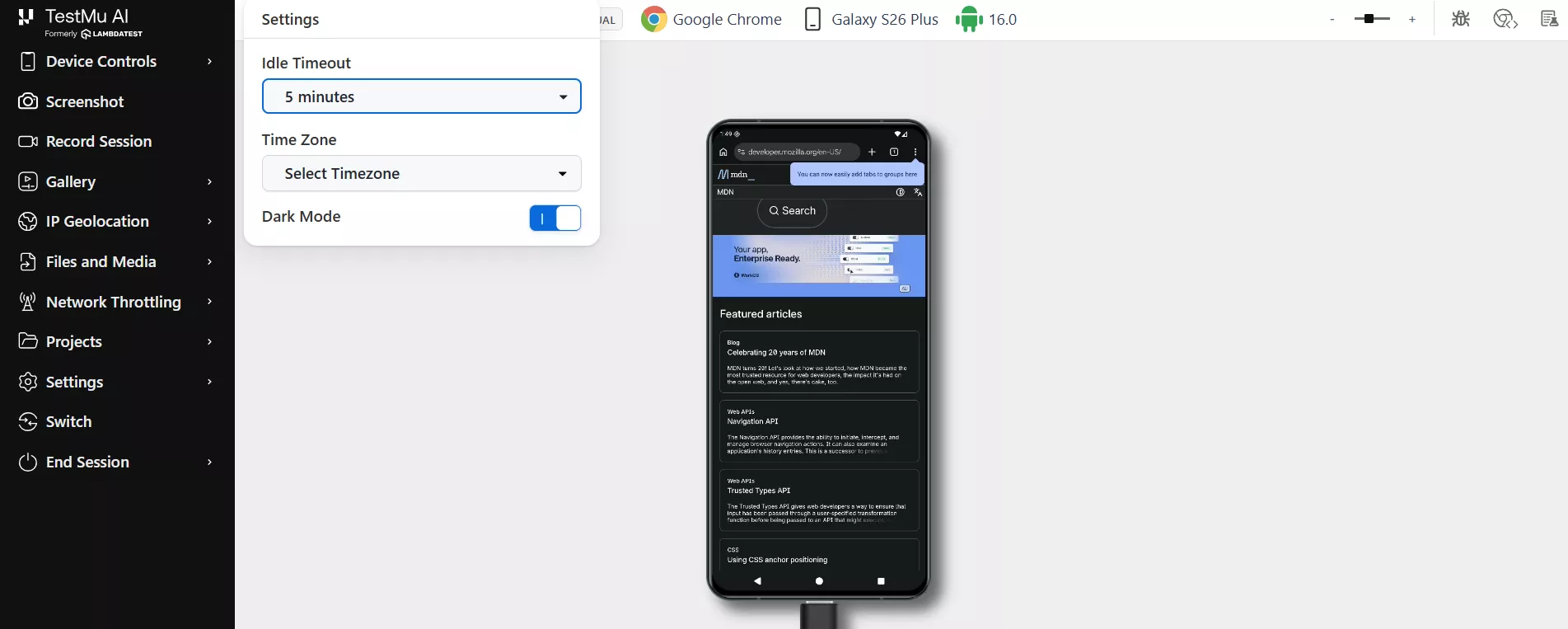 Testing a website in dark mode in a TestMu AI live mobile session A website in dark mode in a TestMu AI live mobile session with the Dark Mode toggle enabled in Settings