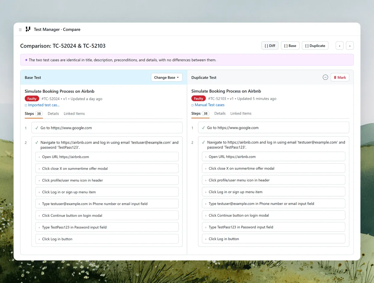 Side-by-side comparison of a base and duplicate test case