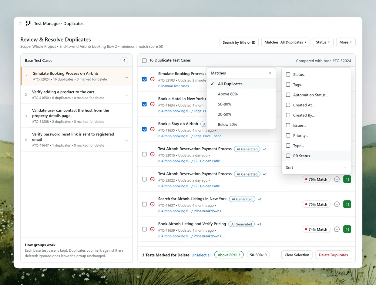 Matches and More filter menus for duplicate test cases