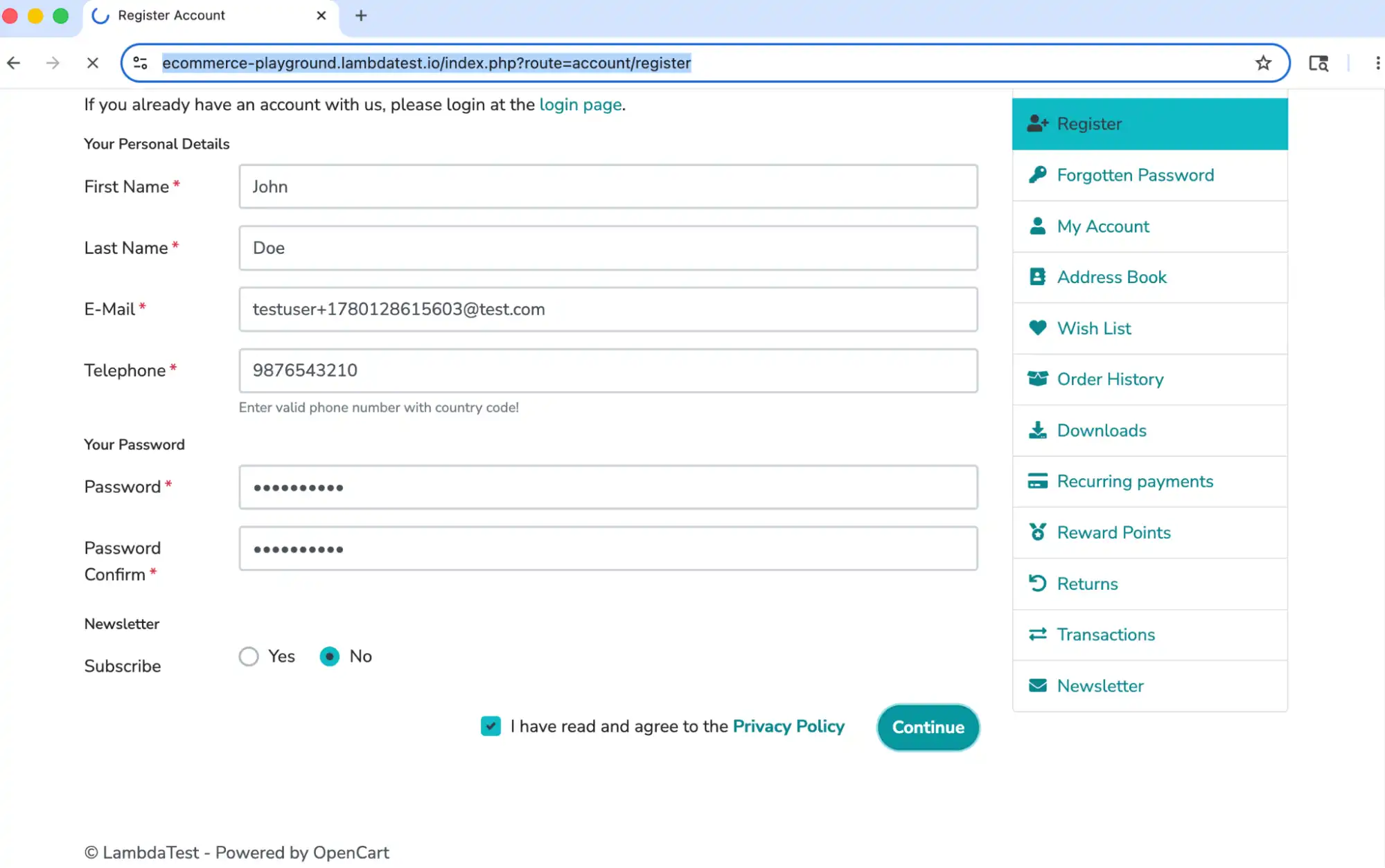 Entering Account Creation Details