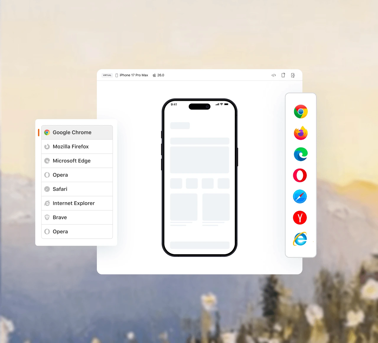 Virtual iPhone session beside a browser list for reproducing a bug on an exact version