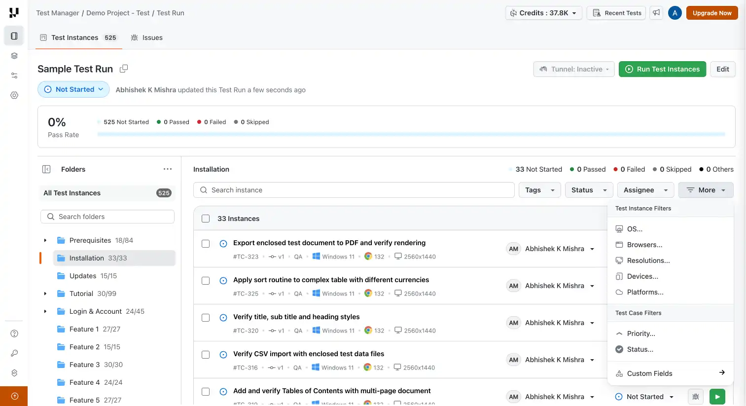 Folder-based test instance organization in Test Manager