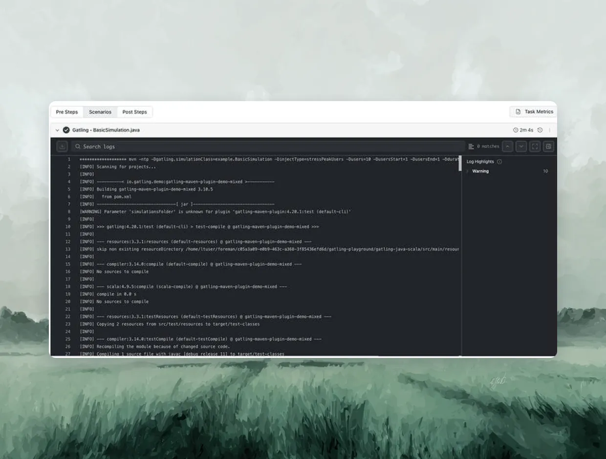Automate Stress Testing in Your CI Pipeline HyperExecute job log for a Gatling run, with the stressPeakUsers injection type and user count passed to the simulation