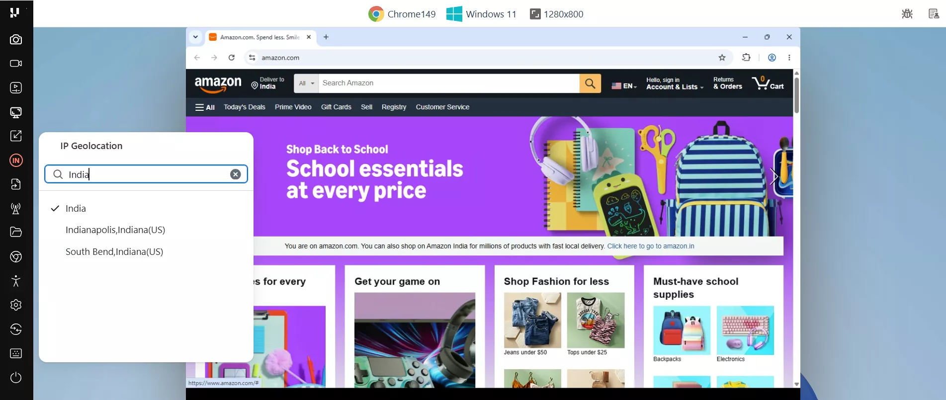 Setting IP Geolocation to India in a TestMu AI live session, with Amazon showing Deliver to India