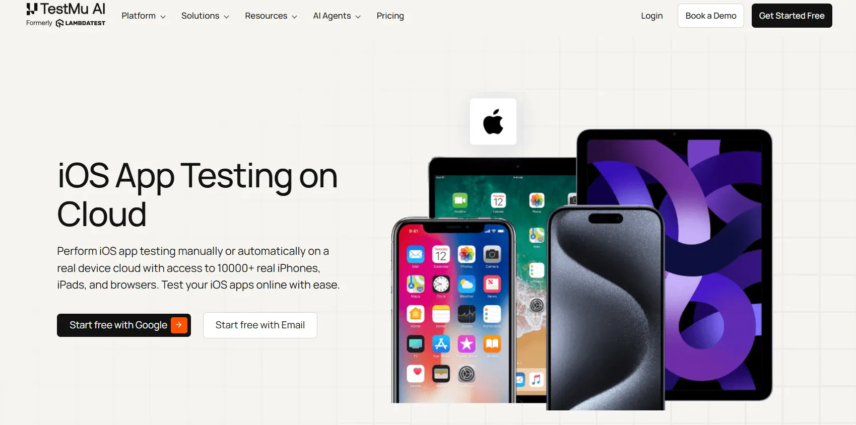 TestMu AI iOS app testing on real device cloud TestMu AI iOS App Testing on Cloud page showing 10,000+ real iPhones and iPads for real-device testing